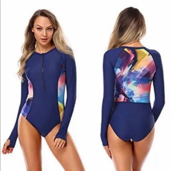 Other - Final sale New AXESEA Blue Multicolor Long Sleeve one piece Swimsuit rush guard